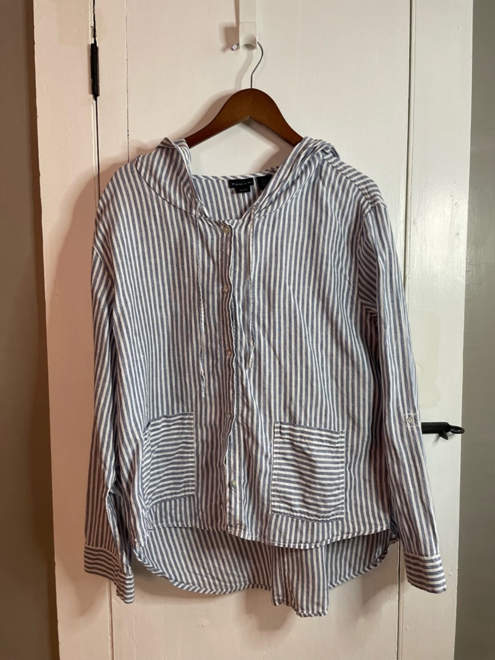 Tahari 100% LINEN Striped Hooded High-Low Button-Up Shirt - Blue & White Stripes